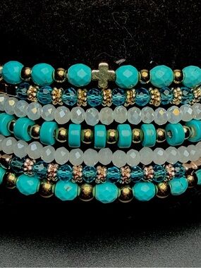 Beautiful Turquoise Beads,Glass Crystals, Gold Bracelet Stacking Stretchy Set